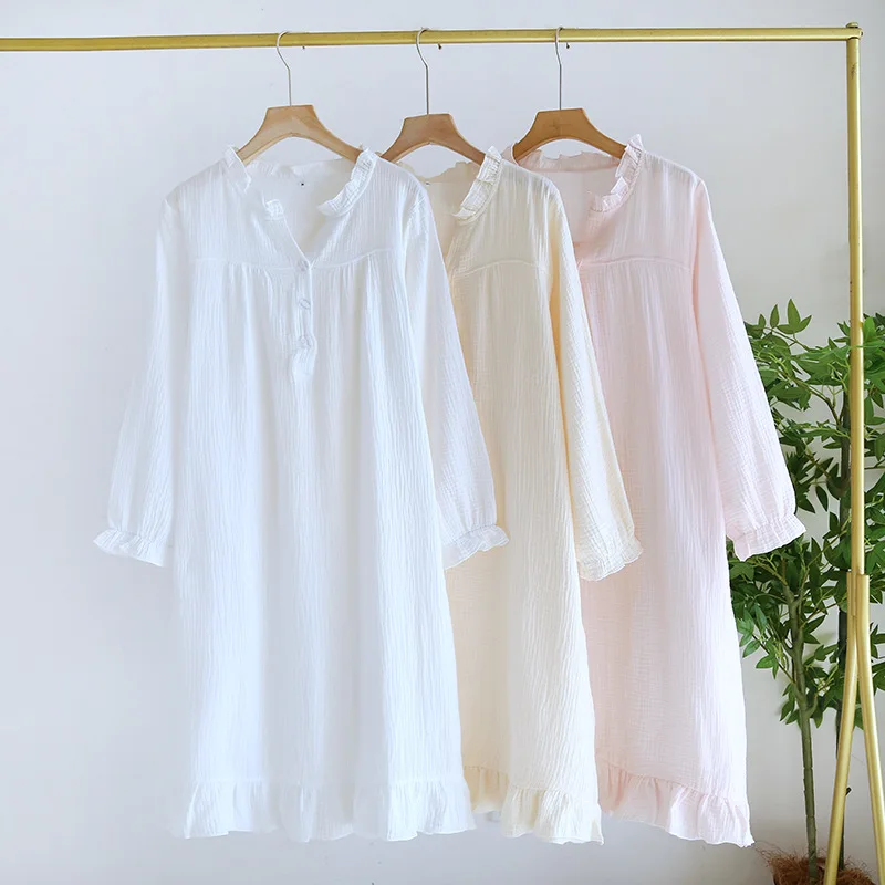 

Women's Long Sleeve Casual 100% Cotton Sundress Soild A-Line Midi Dresses Spring Summer Swing Female Robes Cotton Soft Homewear