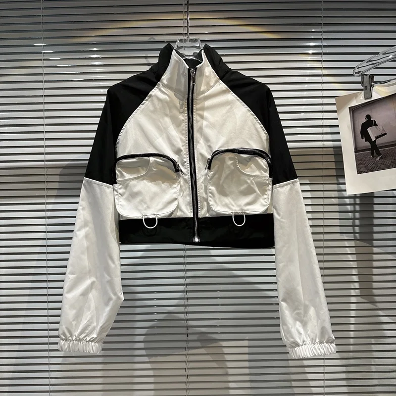 กระเป๋าถือซิปผู้หญิง Street Sle ort Jaet สีตัดกัน พร้อมเสื้อคลุมสไตล์สาวเปรี้ยว สีดำขาว ทรงตรง แบบปกติ...