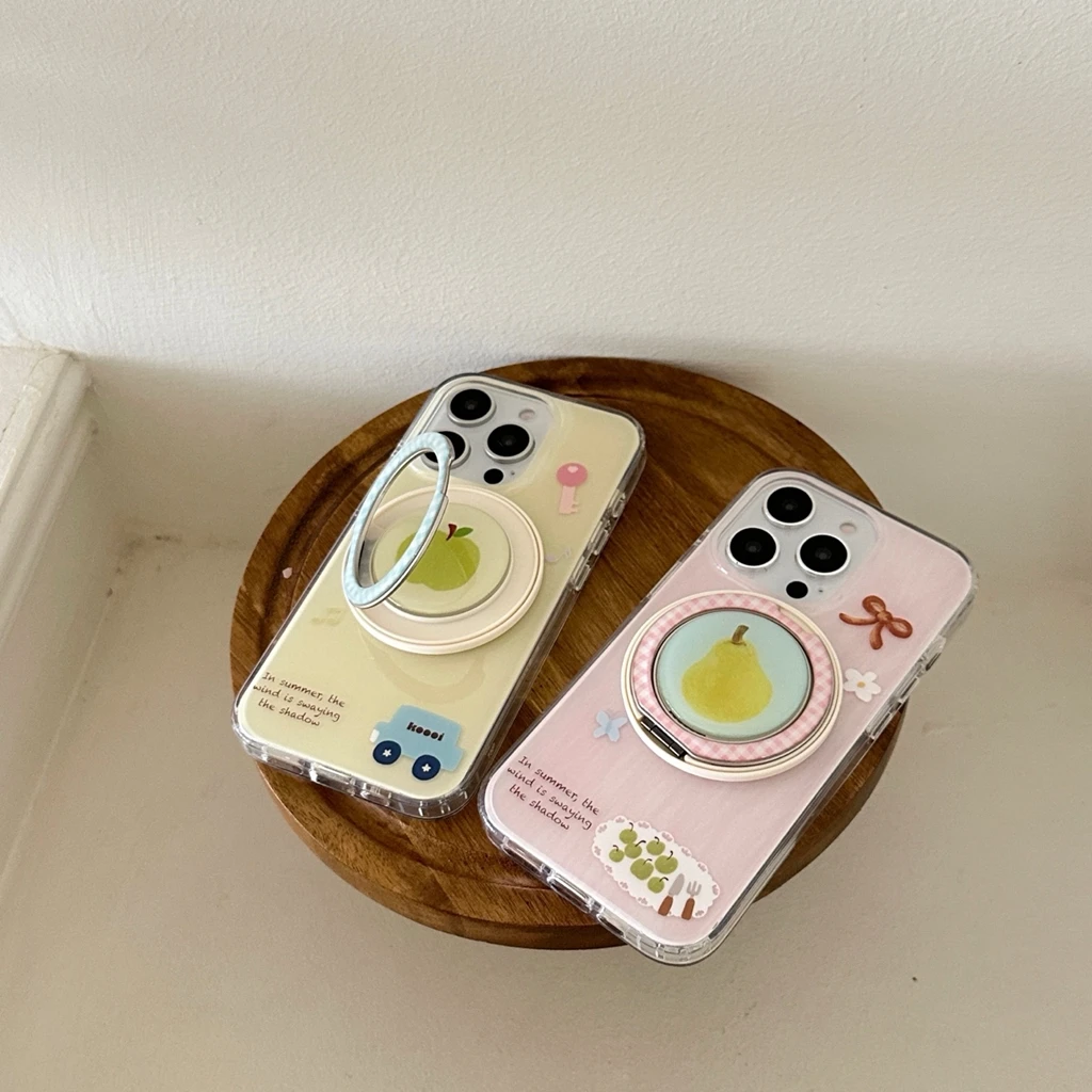 

Креативный милый граффити с бантом для автомобиля, фруктов, яблока, груши, вращающийся с держателем, магнитный чехол для телефона для iPhone 16, 15, 14, 13 Pro Max