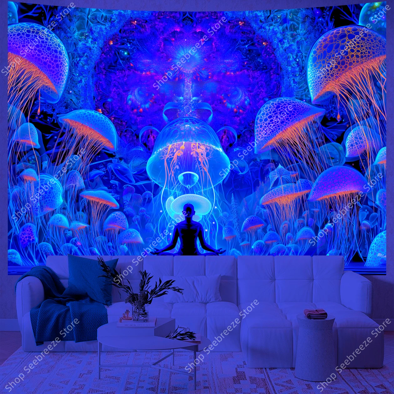 متوهجة قنديل البحر بوذا التأمل الأشعة فوق البنفسجية نسيج مع لوتس والمرجان باطني اليوغا غرفة نوم ديكور بوهو جدار الشنق الفن