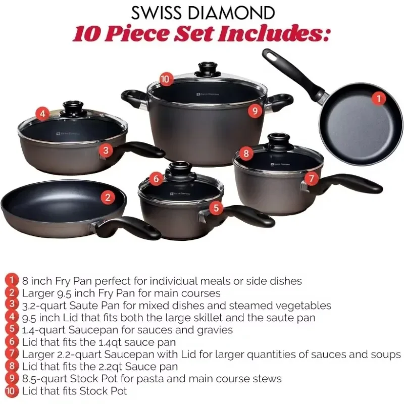 Swiss Diamond Diamond Nonstick Cookware Set Diamond Enforced Aluminum Non Stick Pots and Pan Set,Safe Pans