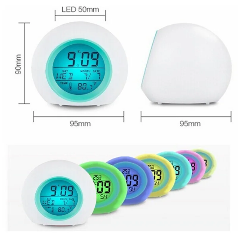 LED Night Light 7 Color Night Light Alarm Clock Children's Bedside Cute Night Light Snooze Temperature Wake Up Timer Alarm Clock