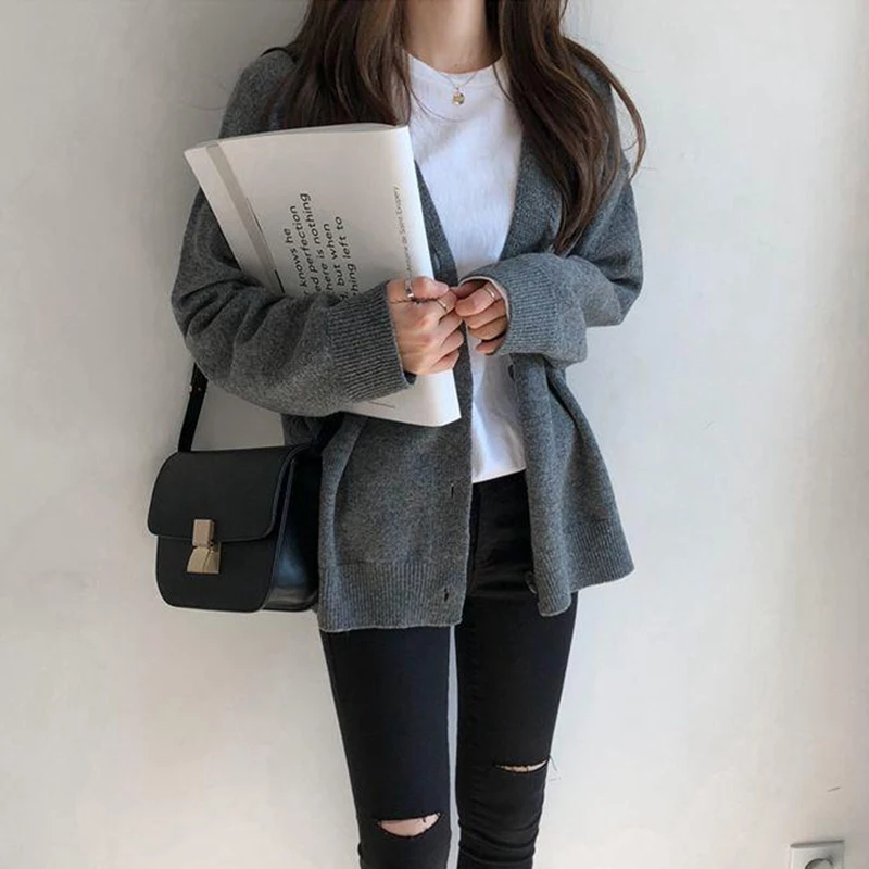 

Korean Gray Long Sleeve Knitting Cardigan for Women Fashion Warm Single Breasted Sweater Coats Woman Soft V Neck Cardigan Female