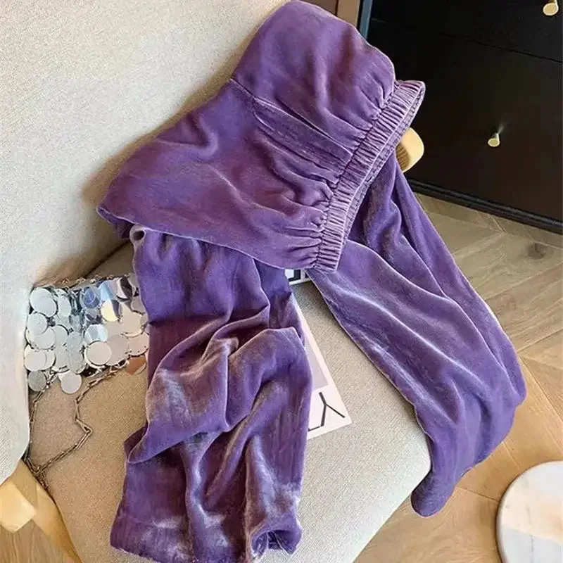 New Arrival Autumn Purple Velvet Pants Women Casual Loose Straight Leg Trousers Womens Versatile Elastic Waist Long Pant