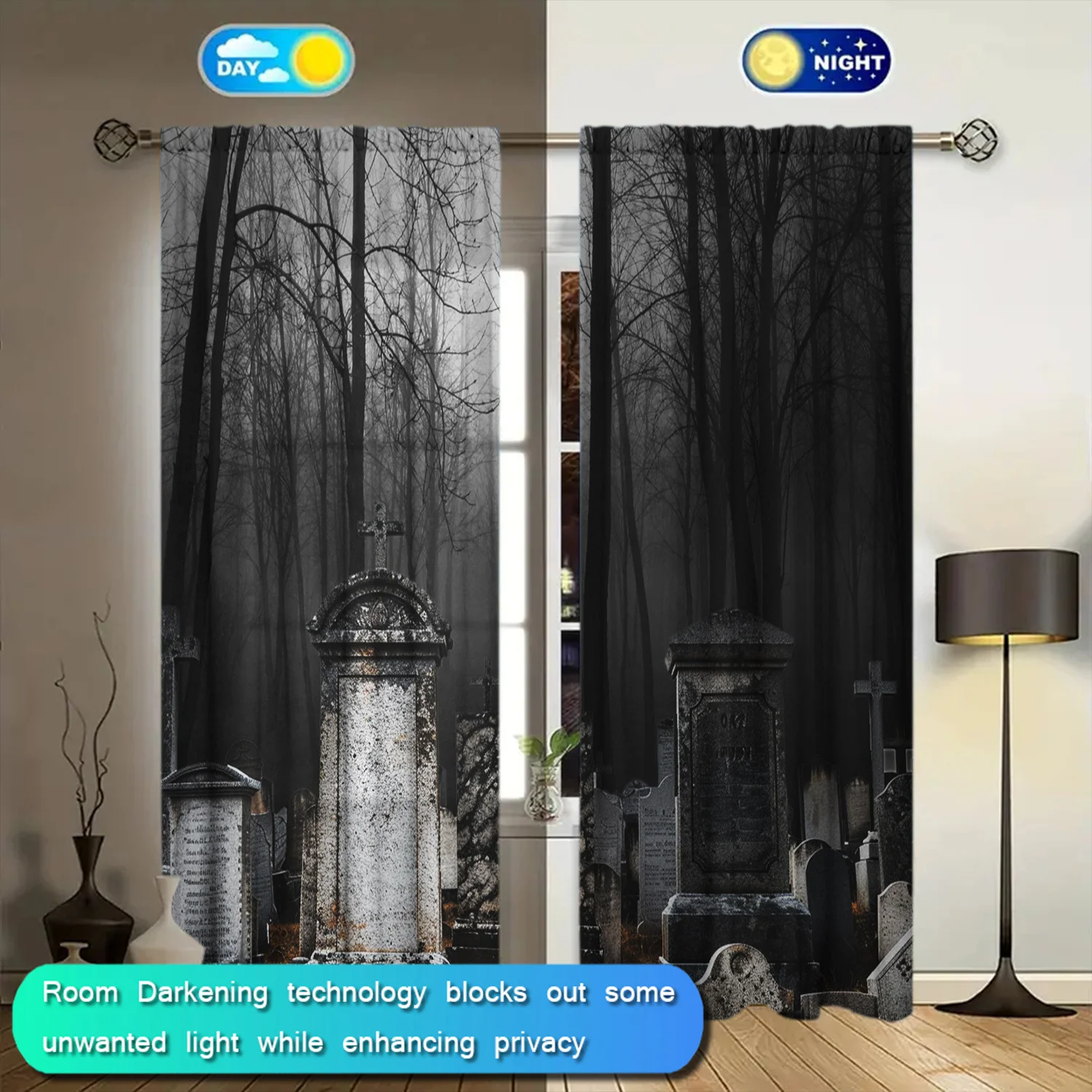 Gothic Cemetery Curtains Spooky Graveyard Horror Print Polyester Window Drapes Dark Academia Home Decor