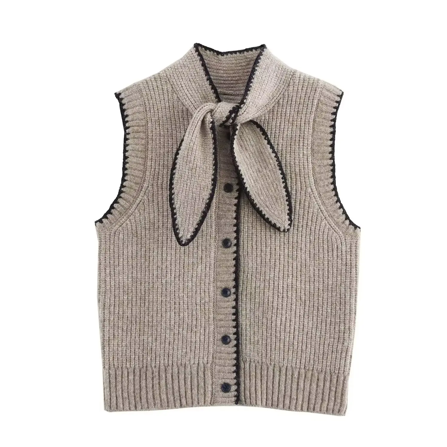 KONDALA Chic Khaki Bow Button Women Knitwear Fashion 2024 Women Vest Outwear Fashion 2024 Sleeveless Winter Knit Casual Sweater