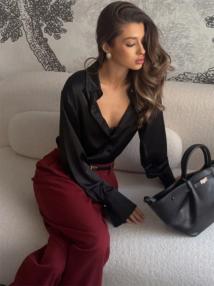 موضة عالية الخصر جيب المرأة السراويل المرقعة الصلبة ضئيلة أنيقة واسعة الساق فضفاضة الربيع السراويل الإناث السراويل المستقيمة
