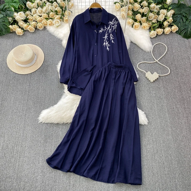 

New Two-Piece Set Chinese Style Popular Bamboo Leaf Embroidery Lapel Long Sleeved Shirt and High Waist Skirt
