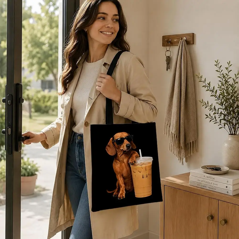 Harajuku Dog And Juice Graphics Storage Bags Eco‑Friendly Canvas Tote Bag Casual Handbag for College Travel Daily Shopping