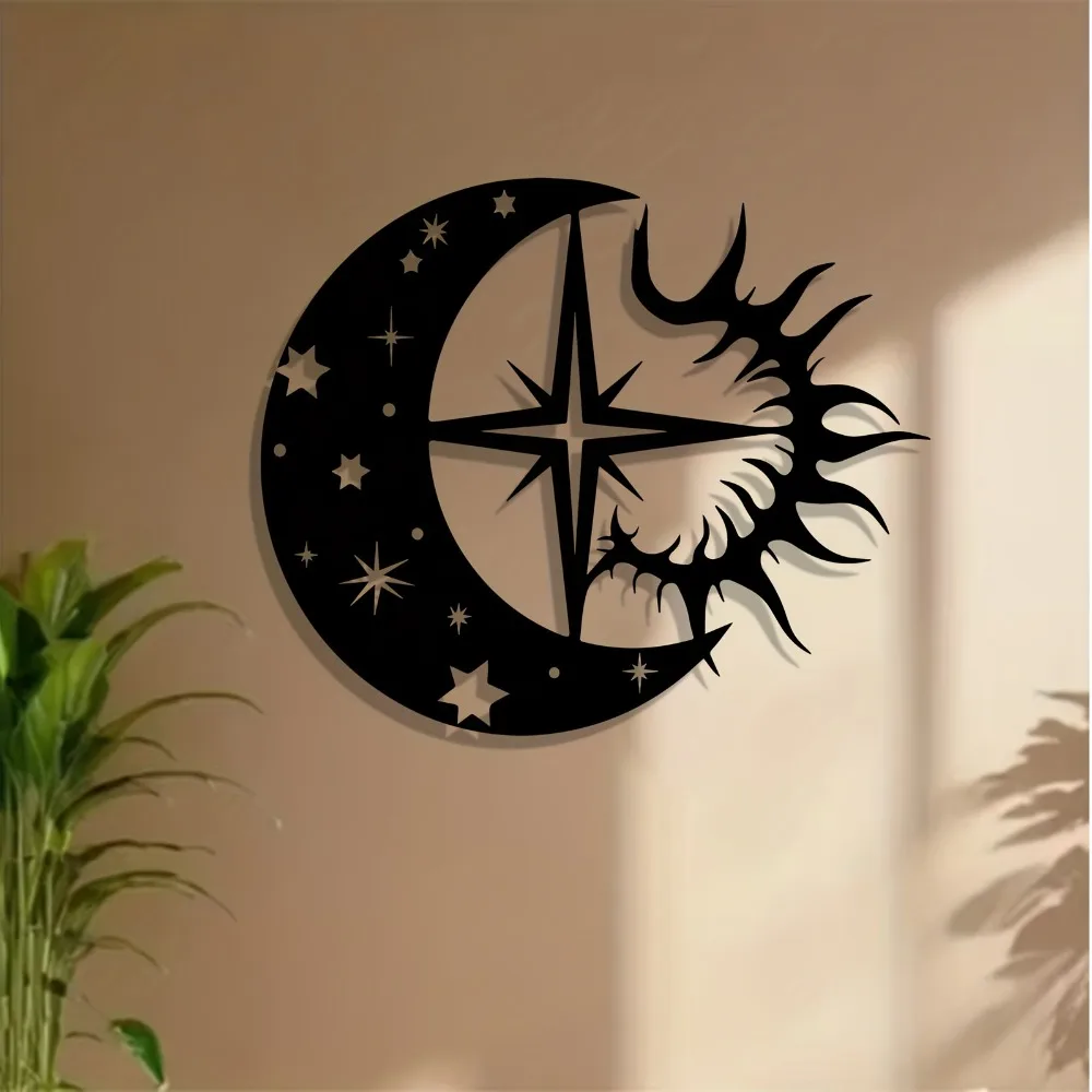 CIFBUY Wrought Iron Metal Wall Art Sun Moon Star Weather Resistant Celestial Sculpture For Patio Garden Fence Hanging Gift
