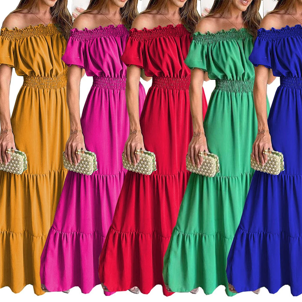 Seksowna Sukienka Maxi z Krótkim Rękawem, Dekoltem typu Slash, Plisowana, Letnia, Damska, Boho, Czerwona, Luźna, Vestidos TCFS-1175