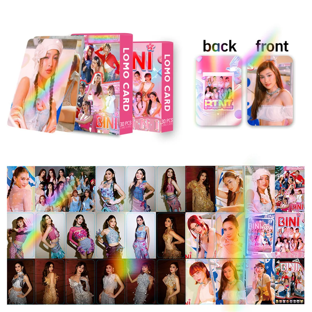 30Pcs/Set Kpop BINI Boxed Laser Card High Quality INS Style Double Sides Printing LOMO Card Gwen Stacey Sheena Jhoanna Fans Gift