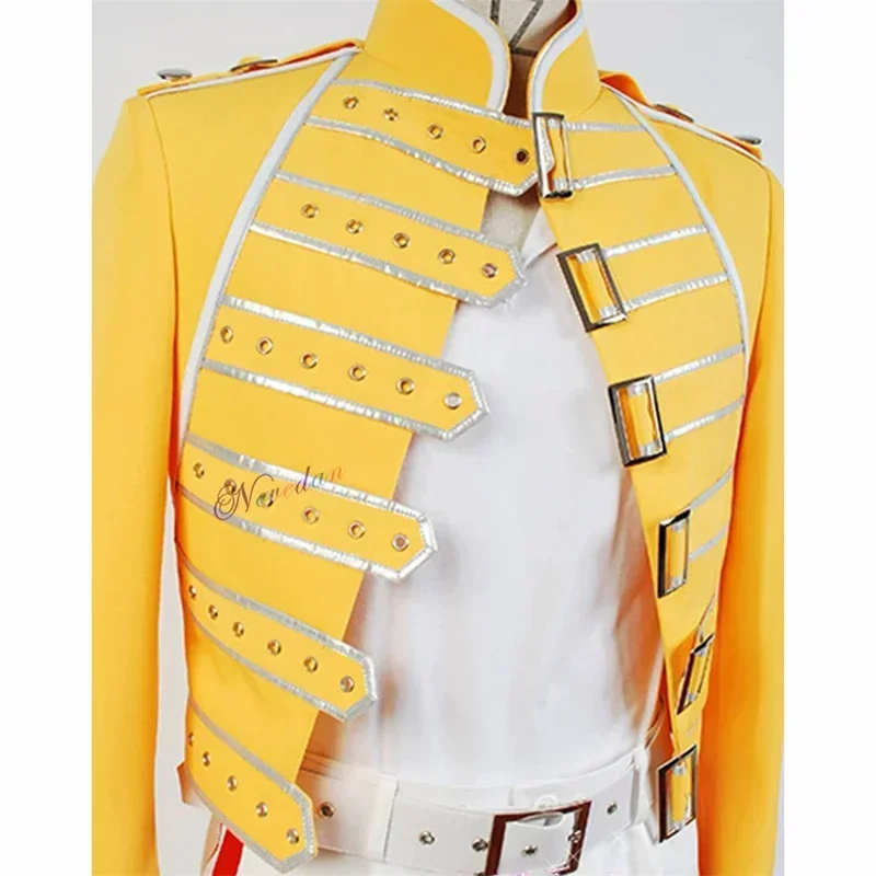 Cos Queen 리드 보컬 프레디 머큐리 코스프레 코스튬, DJ 가수 볼룸 댄스 무대, 노란색 재킷 코트, 셔츠 바지 전체 복장