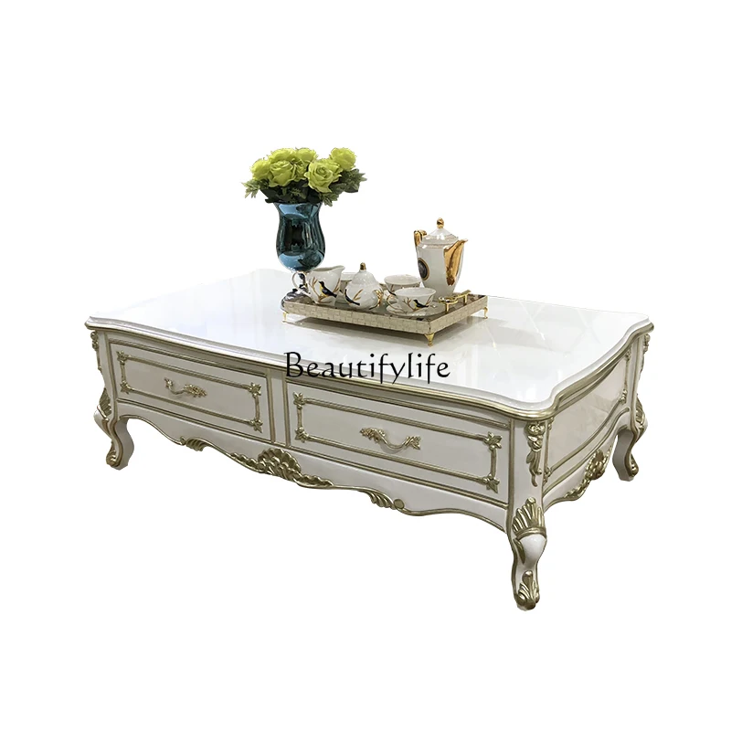 

French solid wood coffee table, European luxury carved rectangular tea table
