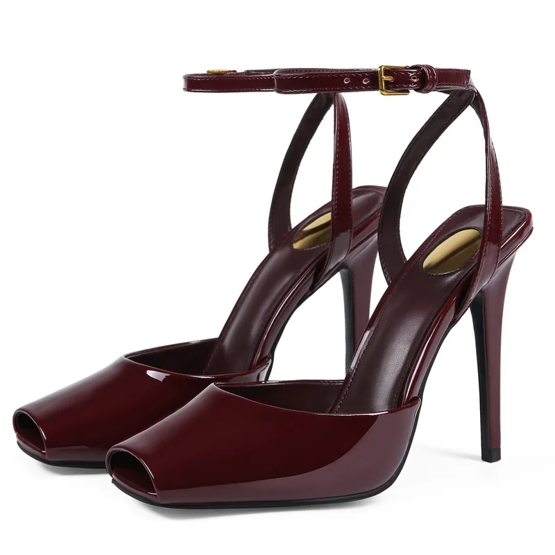 Square Toe Patent Leather Peep Toe Sandals Women Ankle Strap Stiletto Thin High Heels Party Dress Ladies Heeled Pumps F397