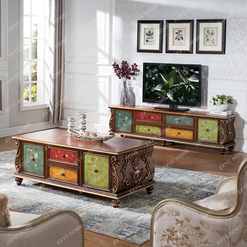 Solid Wood Carved Vintage Gold-Embellished Living Room Furniture Set