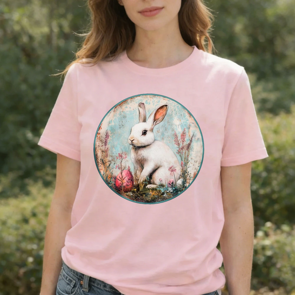 Vintage Watercolor Easter Bunny T-Shirt White Rabbit with Pink Egg Wildflower Graphic Rustic Aesthetic Festive Casual T-Shirt