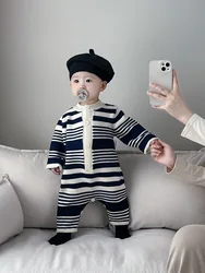 Spring Newborn Infant Baby Boys And Girls Baby Knitted Romper O-neck Long-sleeved Striped Kids Soft Baby Clothing