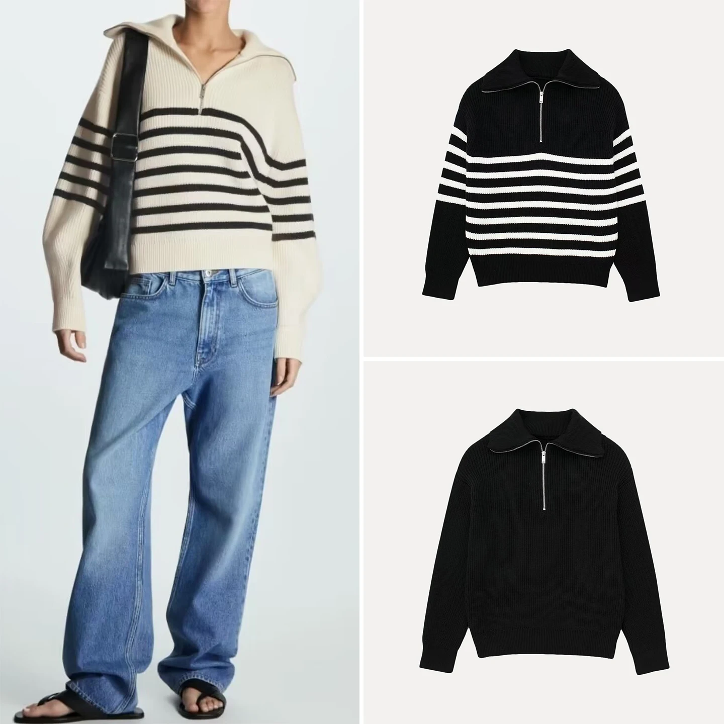 

Loose Knitted Women's Top f Zipper Patterned Casual Sle Long Sve Stripe Design Autumn New Arrival Faion Women's Wear