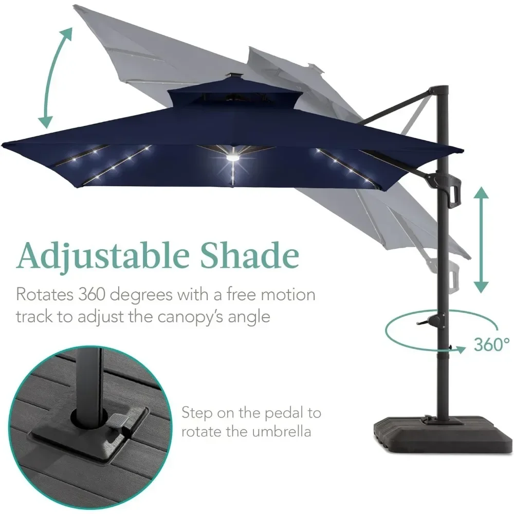 Parapluie carré en porte-à-faux avec lumières solaires LED, pare-soleil extérieur, bleu marine