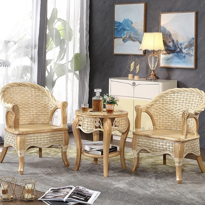 

Solid wood rattan chair coffee table, rattan leisure courtyard balcony chair table