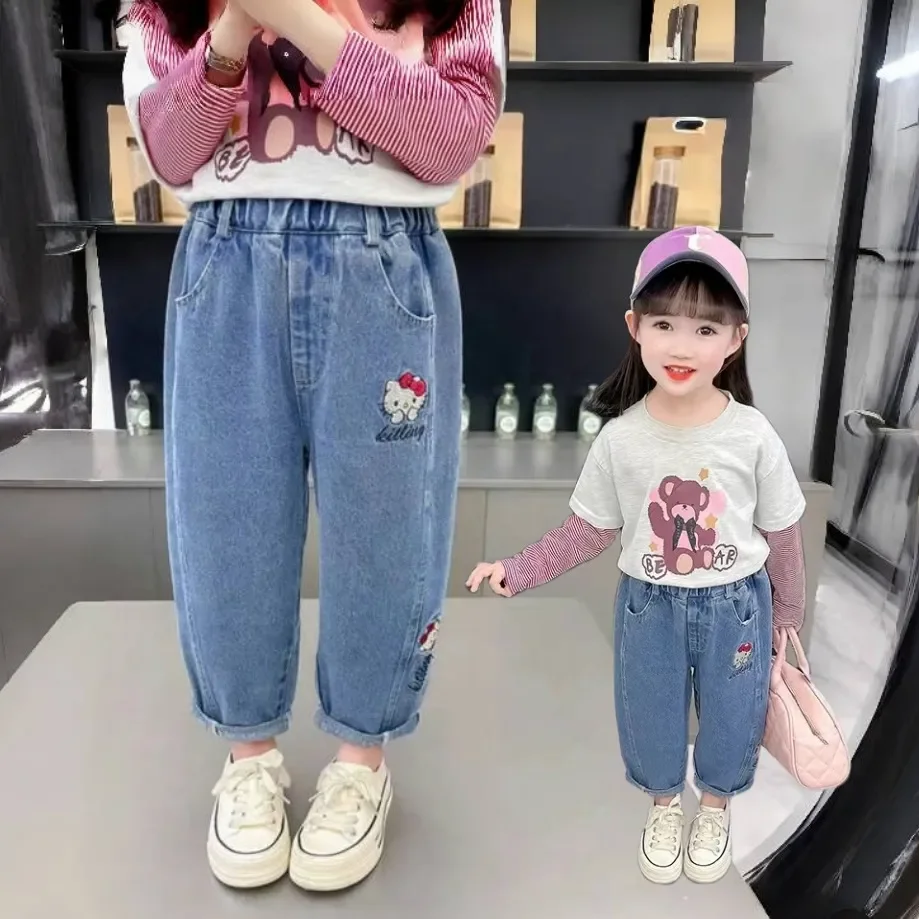 2024 New Girls Jeans Cartoon Hello Kitty Embroidery Spring Autumn Toddler Girl Denim Pants Fashion Kids Loose straight Trousers