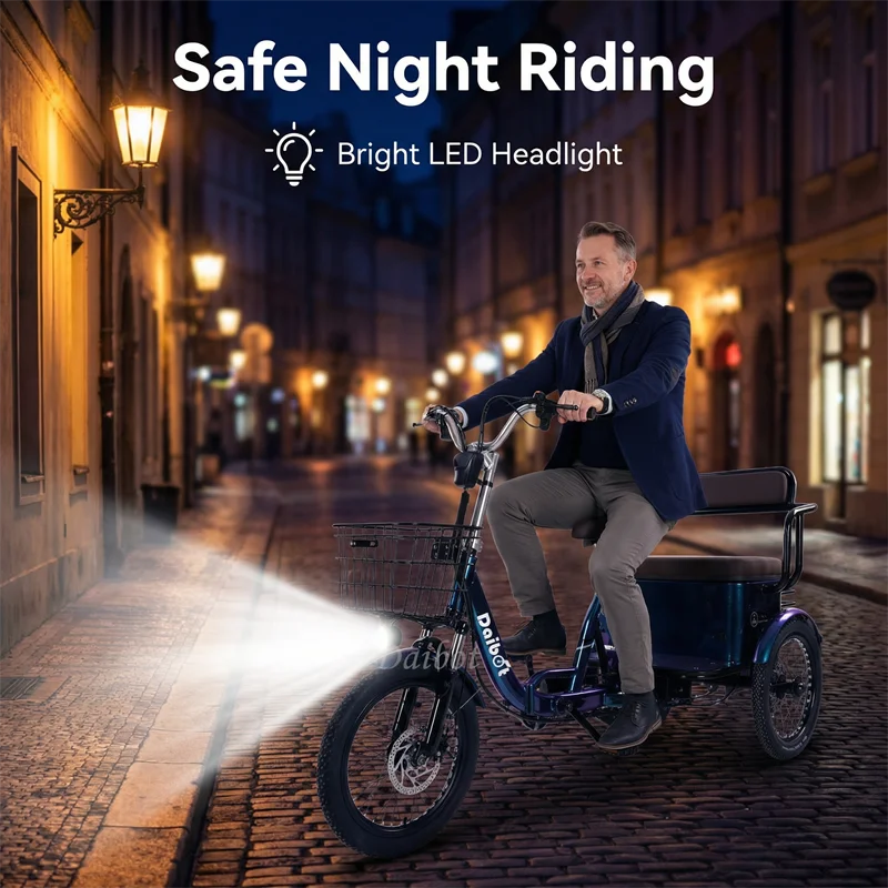 18 Inch 650W 48V Folding Electric Tricycle | 2-Person 3 Wheel E-Bike | Passenger Seat & Basket for Adults Elderly