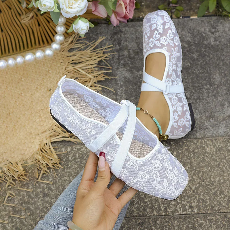 Women's Floral Lace Mesh Mary Jane Flats Breathable Square Toe Elastic Strap Loafers Cute Casual Shoes for Daily Wear Summer