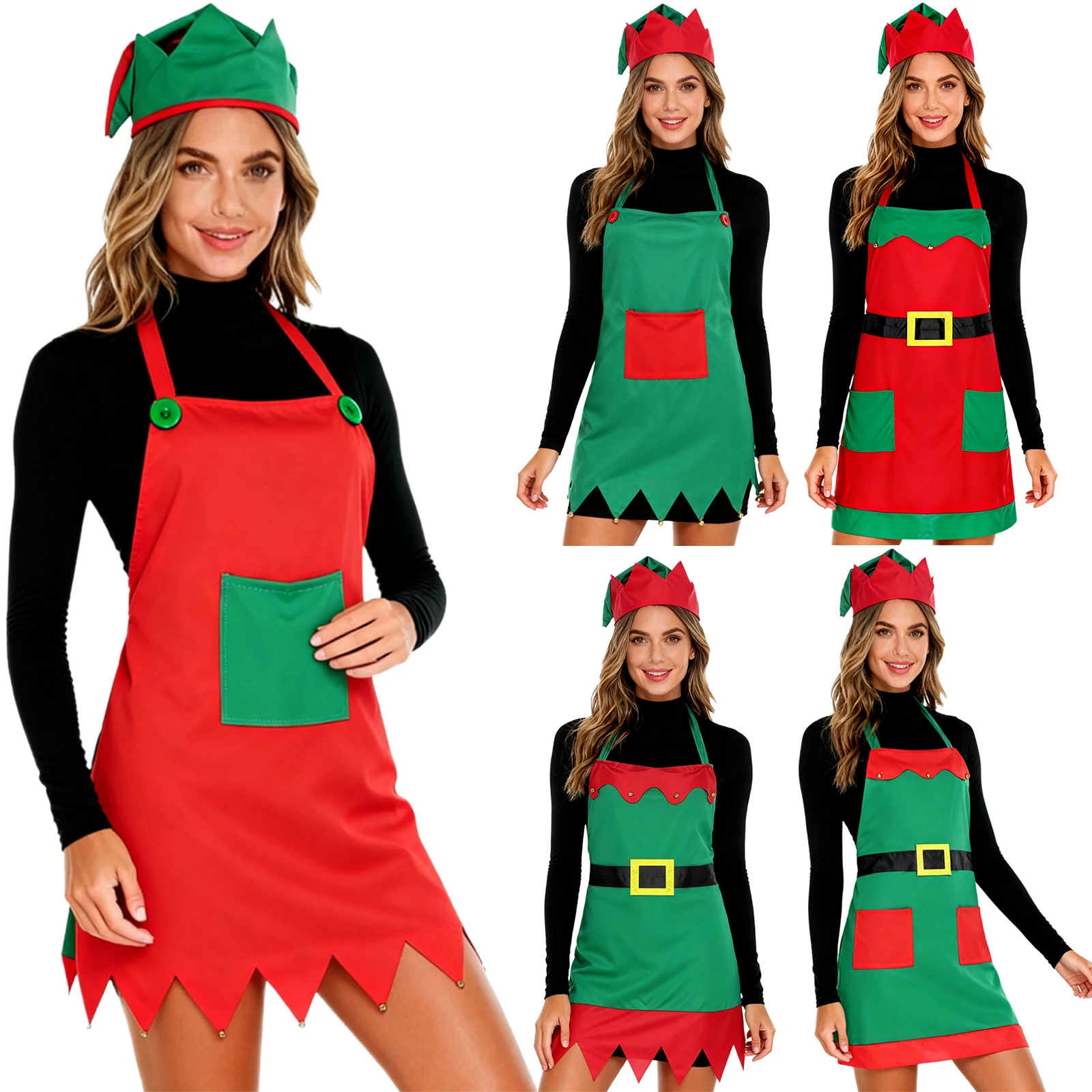 Christmas Santa Elf Apron Red Green Lace-up Chef Kitchen Cooking Baking Painting Aprons with Hat Xmas Mrs Claus Cosplay Costume