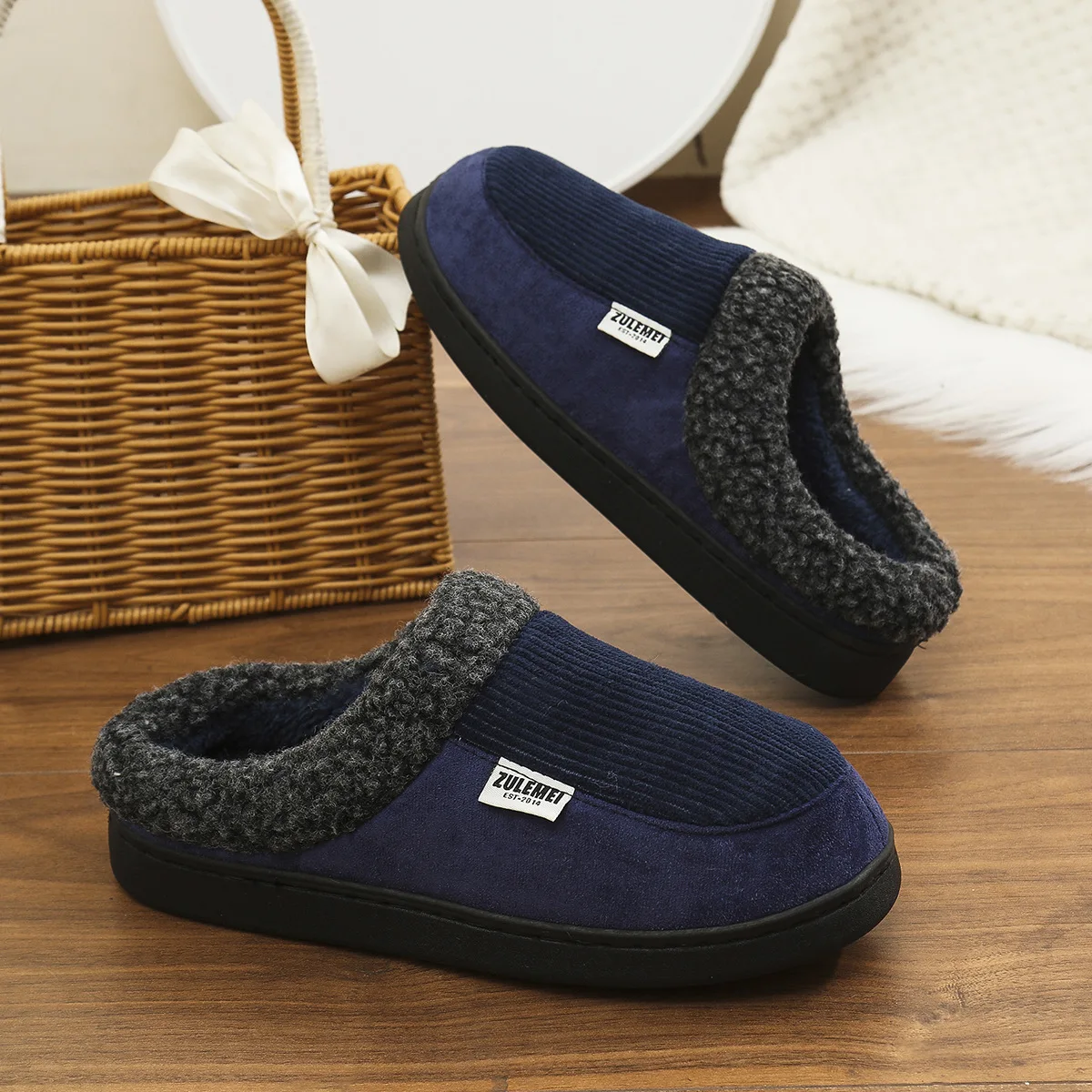 Litfun Men\'s Fuzzy Cotton Shoes Winter New Indoor Non-slip Fluffy House Slides Warm Fur Shoes Fashion Plush Men Cotton Slippers