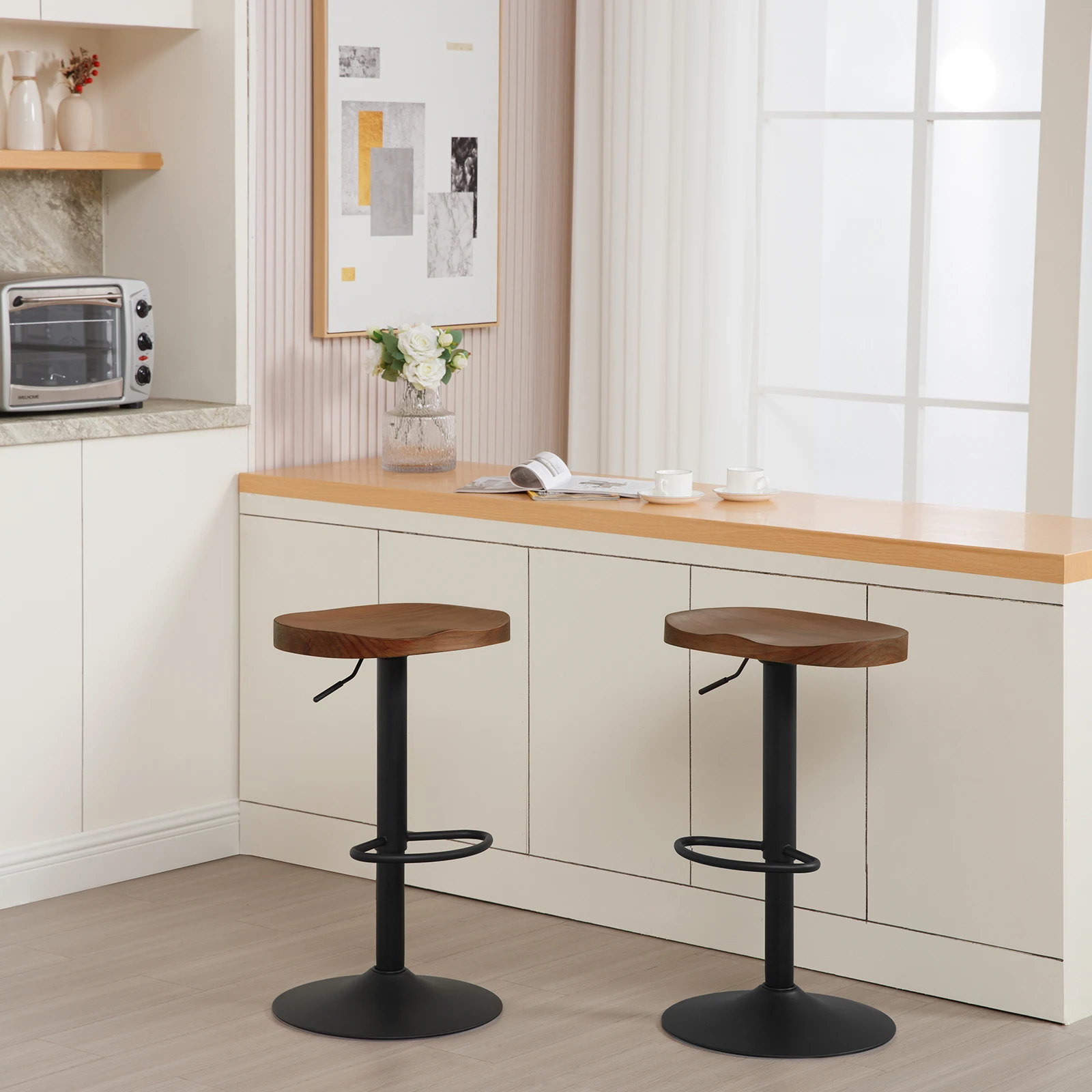 WOLTU 2 Stück/Set drehbarer Barhocker, höhenverstellbarer Barstuhl aus Holz, Thekenhocker mit Sattelsitz und Fußstütze für Bistro, Café, Salon