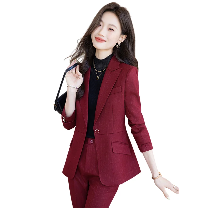 

NAVIU Fashion Women Stripes Suits New Temperament Professional Formal Slim Blazer And Pants Office Ladies Work Wear Pink Black