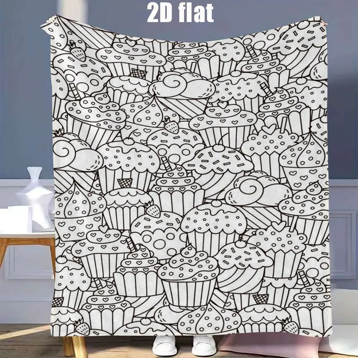 Sweet Cupcake Throw Blanket Rich Pastry Line Drawing Doodle Print Soft Flannel for Kids Room Sofa Lap Dessert Home Decor Gift