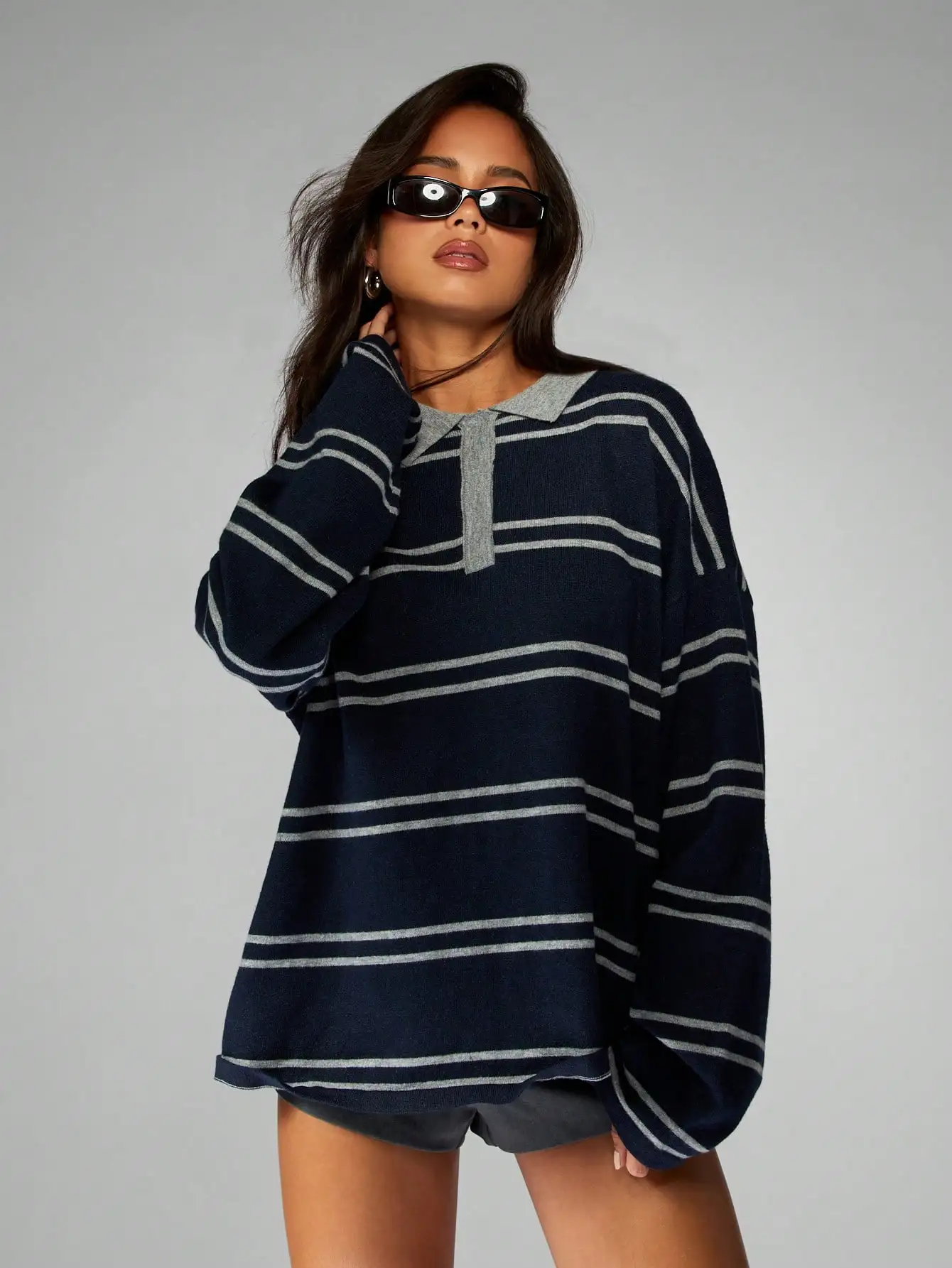 

Striped Rugby Knit Pullover with Collar, Oversized Long Sleeve Sweater for Fall Winter Casual Wear