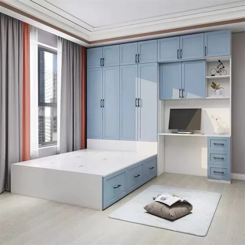 Wooden bed furniture Modern bookcase Headboard Tatami wardrobe and bed with 3 drawers