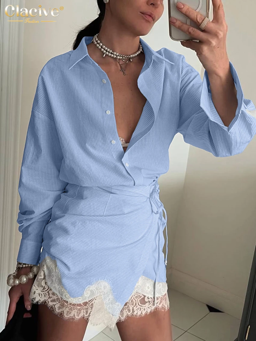 Clacive Fashion Loose Blue Stripe Skirt Sets Woman 2 Pieces 2026 Elegant Long Sleeve Shirt With High Waist Mini Skirt Set Female