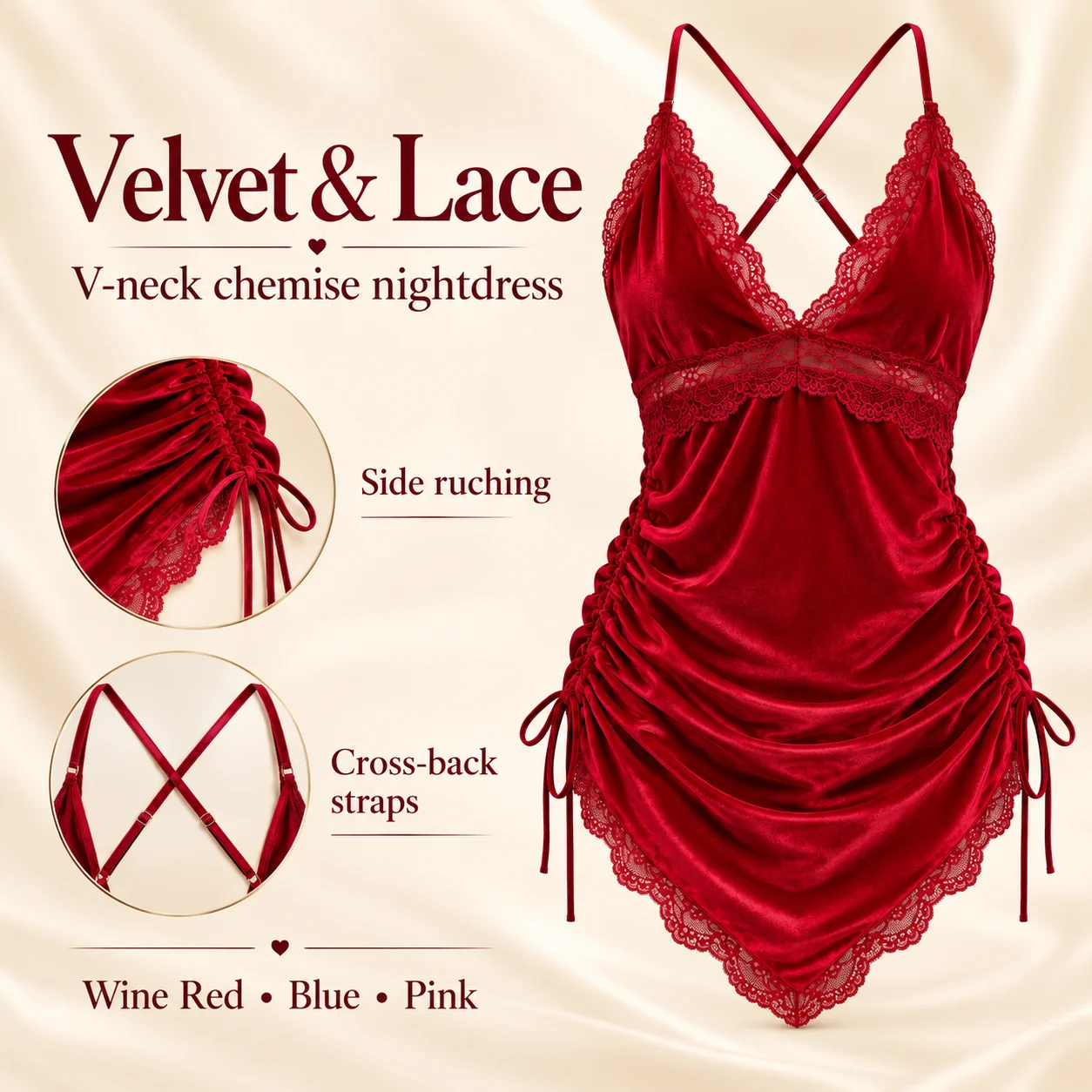 Women's Velvet Lace Trim Chemise Nightdress V Neck Sleeveless Cross Back Straps Side Drawstring Summer Sleepwear S M L