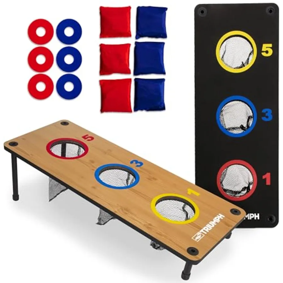 

Triumph 2-in-1 3-Hole Bag Toss and Washer Toss Combo Game Compact Dual-Play Boards with Built-in Scoring, Bean Bags, Washers an