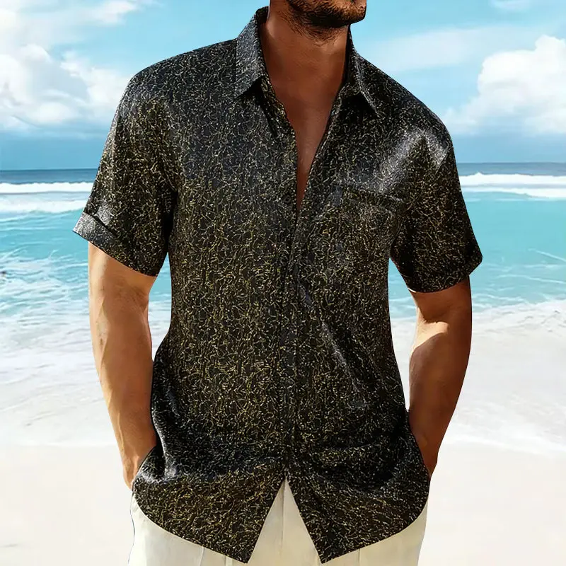 Men's Summer Fashion Gold Foil Stamping Short Sleeve Hawaiian Shirt Casual Pocket Beach Holiday Shirts Men Streetwears Nightclub