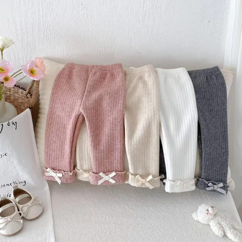 2026 Winter New Baby Plus Velvet Thick Leggings Cotton Girls Cute Bow Warm Trousers Infant Fleece Casual Pants Toddler Clothes