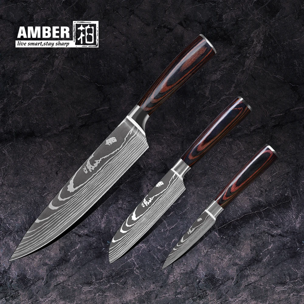 Amber Kitchen knives Set Professional Chef Knives High Carbon Steel s/s 4Cr13 Imitation Damascus Pattern Knife with Pakkawood HD