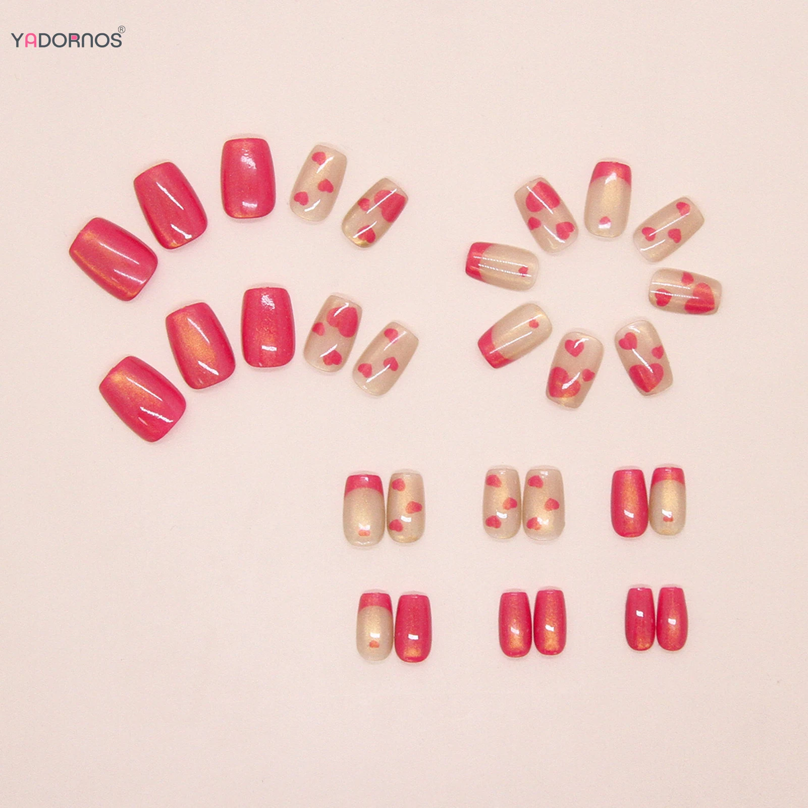 Unhas falsas francesas rosa brilhante, 30 peças, prensa quadrada curta em unhas, amor, coração, impresso, charme destacável, suprimentos para unhas de manicure