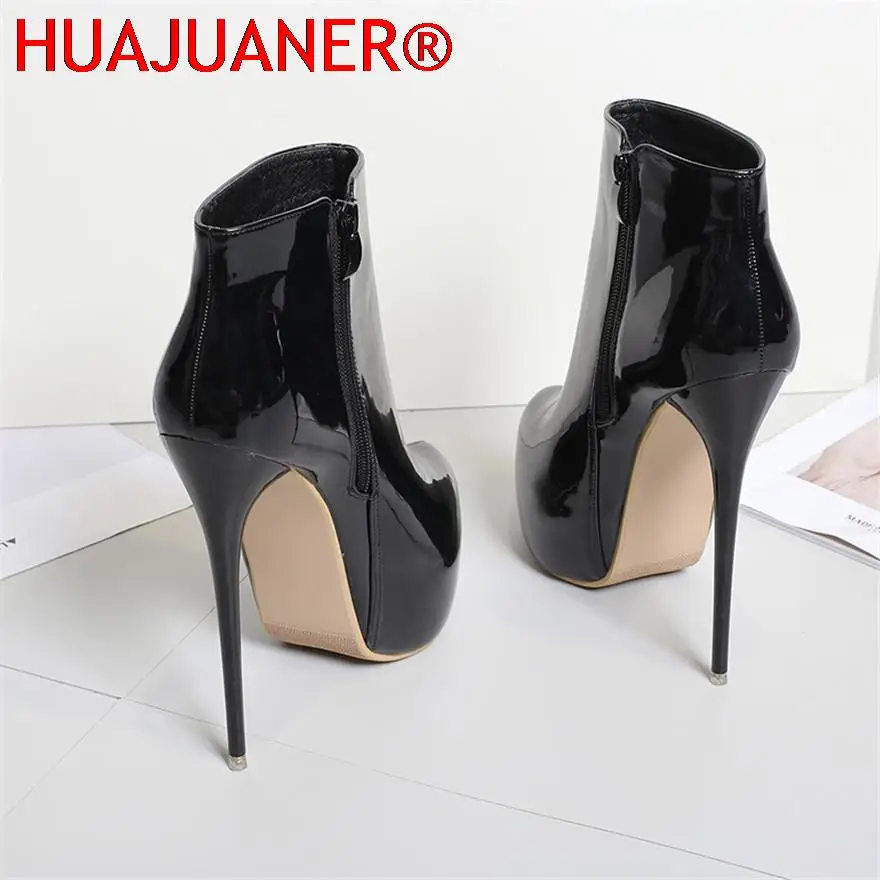 Big Size 35-47 Patent Leather Women Boots Round Toe Side Zipper Super High Heels 16CM Pumps 2023 Sexy Platform Party Shoes Woman