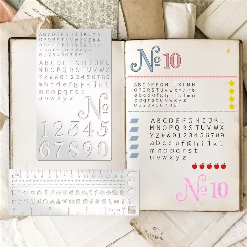 2025 الاتجاه النقش مخطط معدني مجلة استنسل رسالة صغيرة الإستنسل 4 قطعة مجموعة للمجلات والإشارات المرجعية والمساطرين والمخططين #4