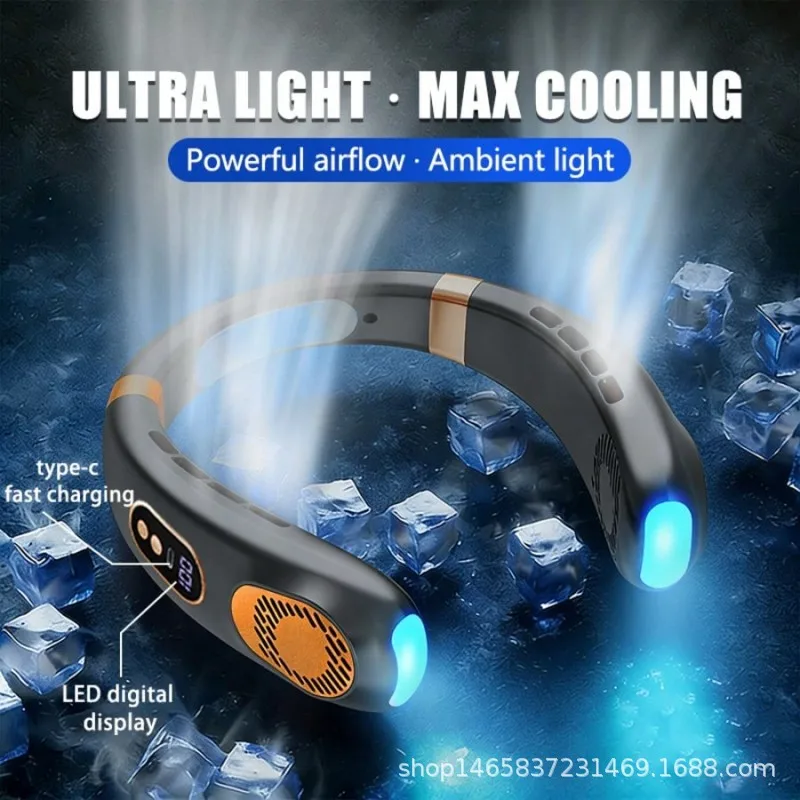 

New Arrival Bladeless Turbine Portable Neck Hanging Fan 5 Speed USB Cooling Fan With LED Light For Outdoor Activities