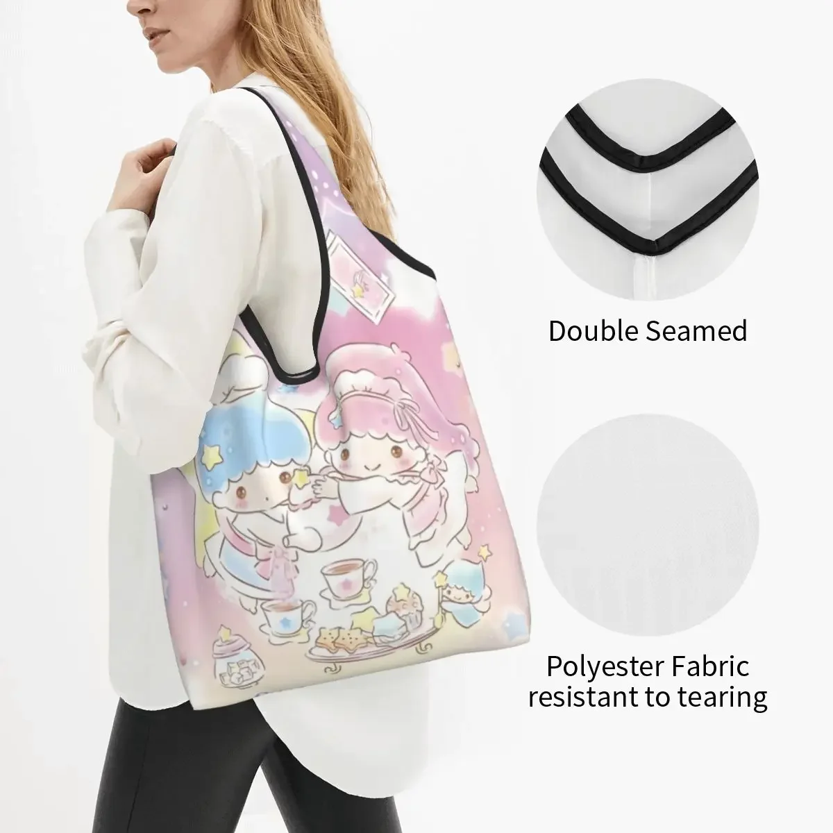 Custom Cute Printing Little Twin Stars Sanrio Cartoon Kiki Lala Tote Shopping Bags Portable Shopper Shoulder Handbag