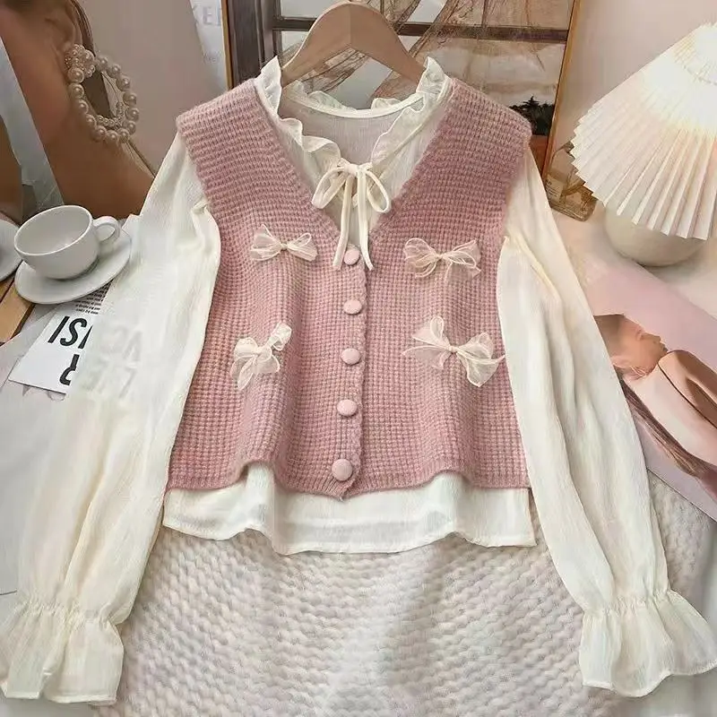 Autumn New Sweet Bow Solid Color V-neck Sleeveless Sweater Vest Female All-match Young Style Buttons Knitting Loose Cardigan