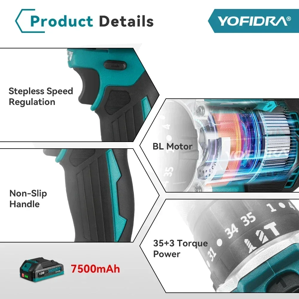YOFIDRA 13MM 35+3 Drehmoment Bürstenloser Elektrischer Schlagbohrer 3 IN 1 Kabelloser Elektrischer Schraubendreher DIY-Elektrowerkzeug für Makita 21V Akku – Detail 6