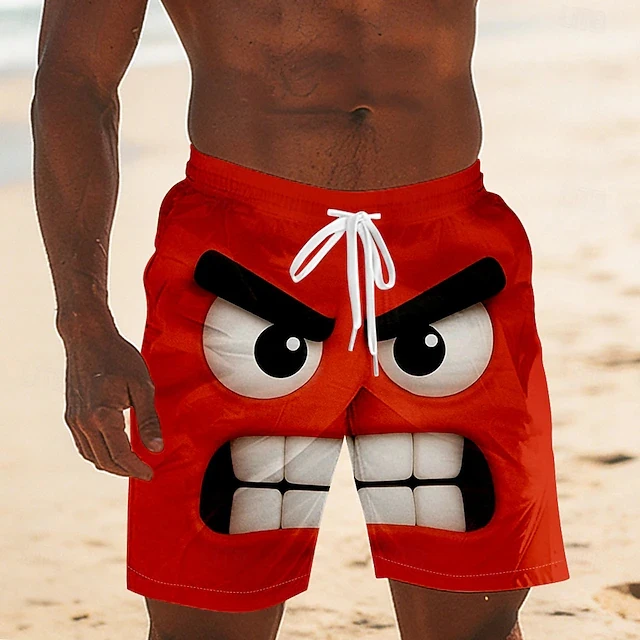 

Funny Cartoon Face Print Mens Beach Shorts Quick Dry Breathable Drawstring Elastic Waist Social Media Viral Style Swim Trunks