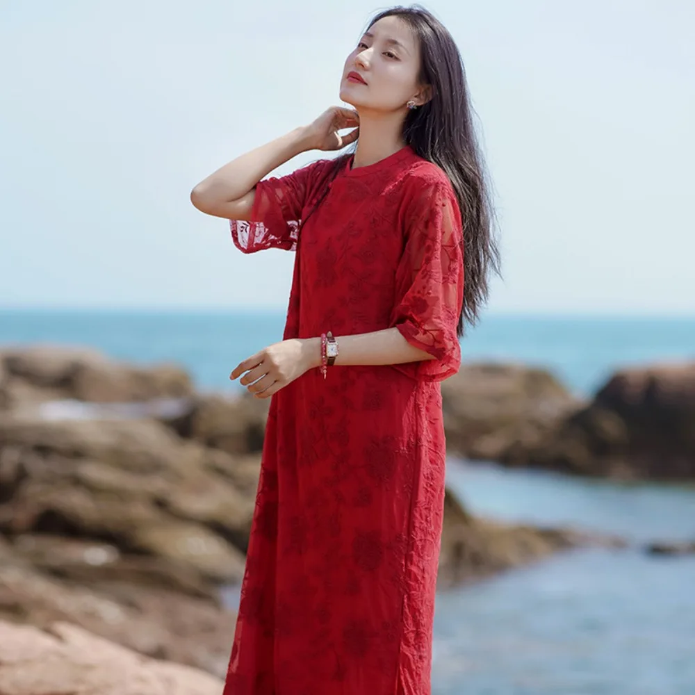 Kwiatowe sukienki w stylu vintage Plate Buckle Diagonal Buckle Chinese Style Dresses Vintage Solid Color Jacquard Cheongsam Women